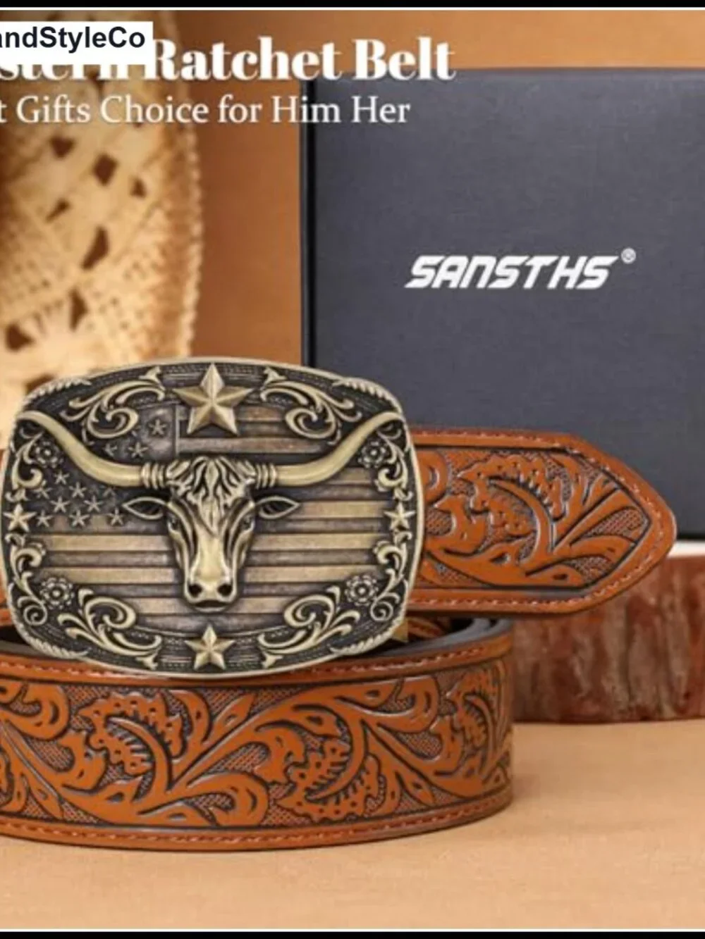 Western Cowboy Ratchet Belt Leather Adjustable Men Women